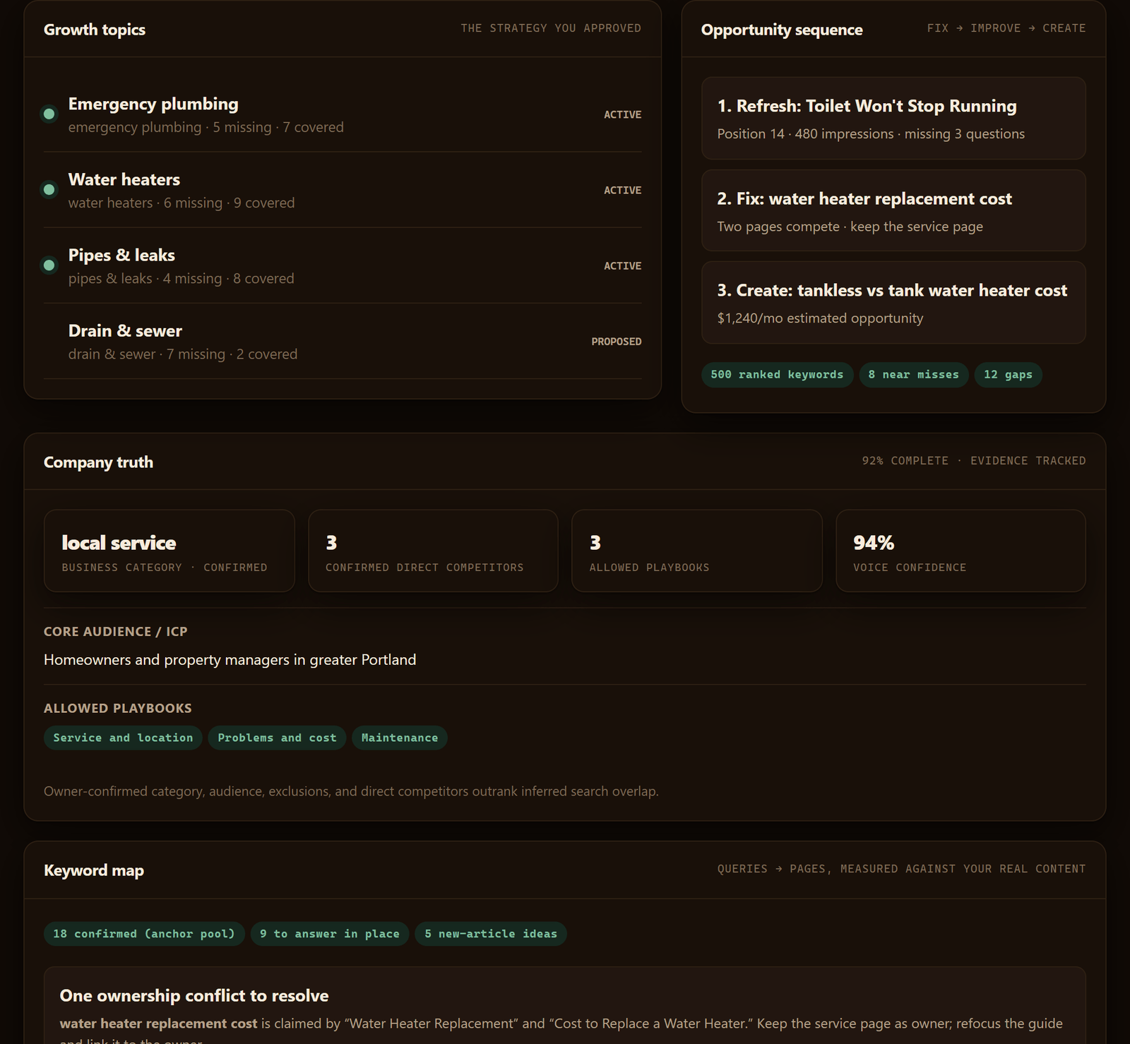 Satiara strategy view: SEO growth topics with what is covered and missing, the next opportunities in fix, improve, create order, and the business facts the content plan is built on