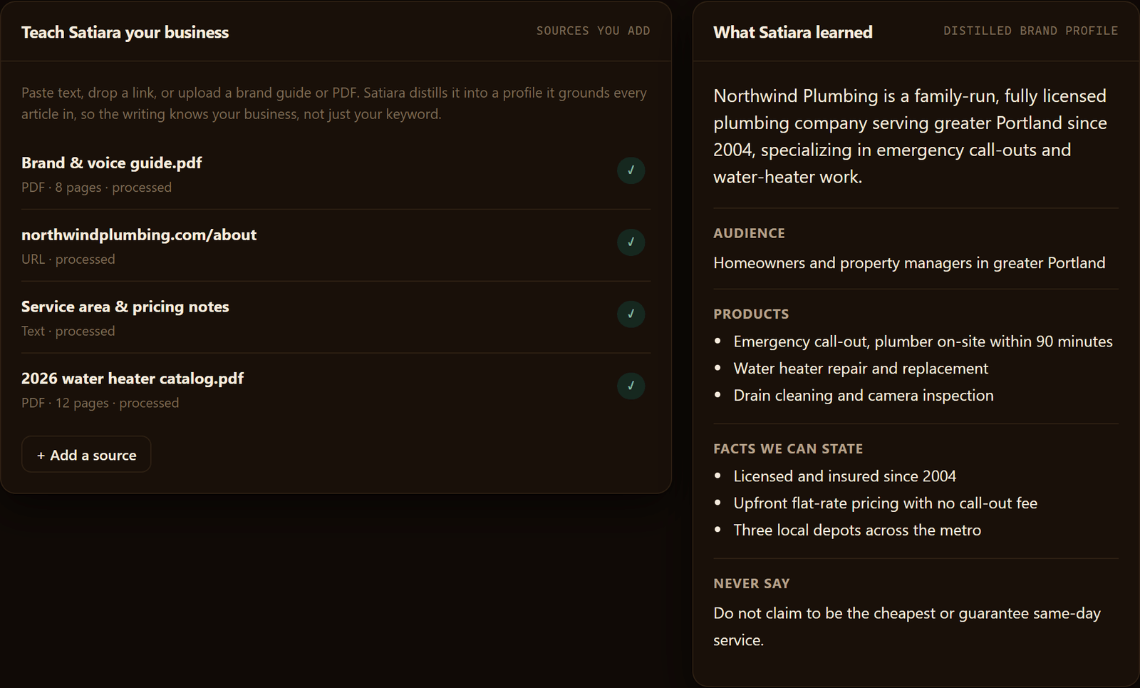 Satiara's business knowledge page: the sources you added on the left, and the distilled brand profile on the right with audience, products and facts it can state